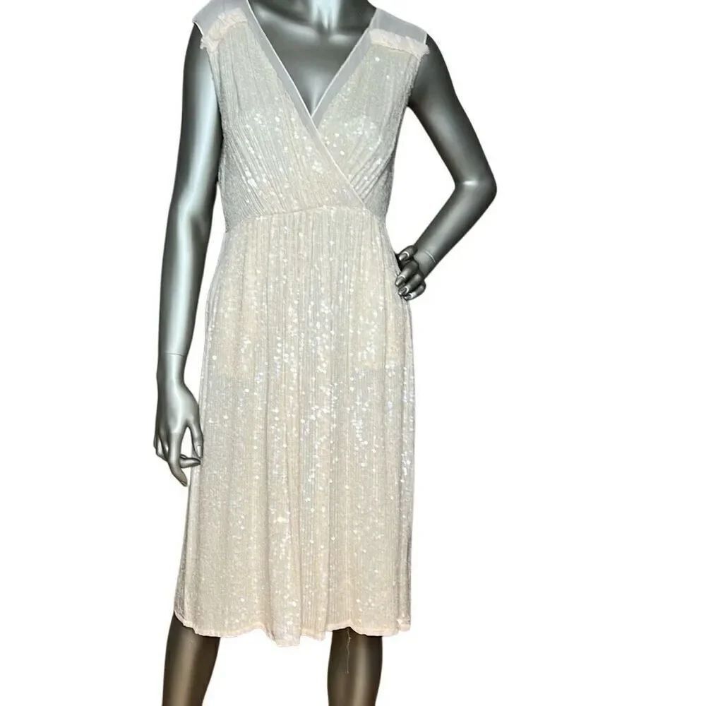 French Connection Sequin Midi Dress Cream Sleeveless V-Neck Size 0 (028)